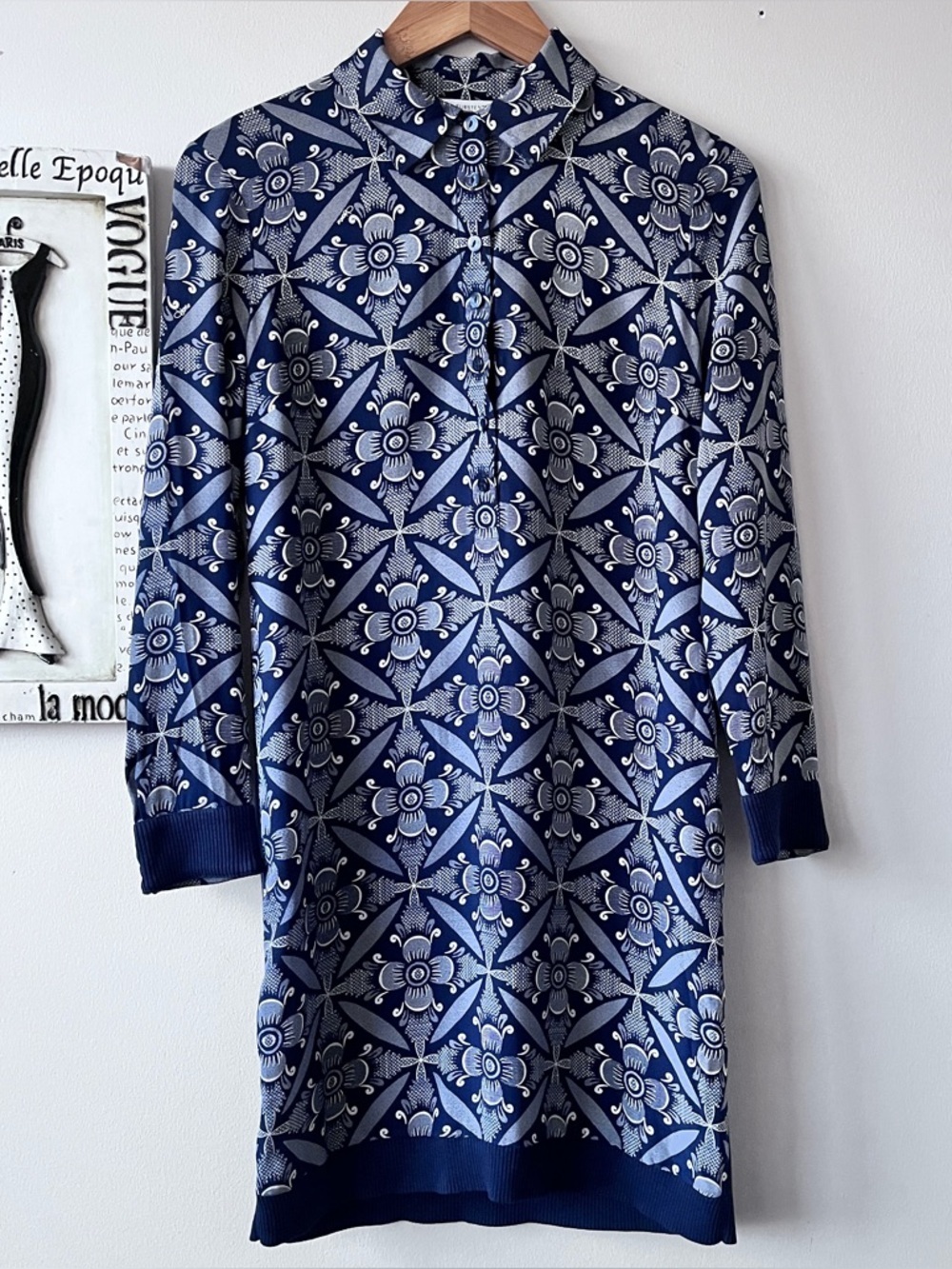 Diane Von Furstenberg Sorrel Navy White Long-Sleeve Floral Silk Dress Size P